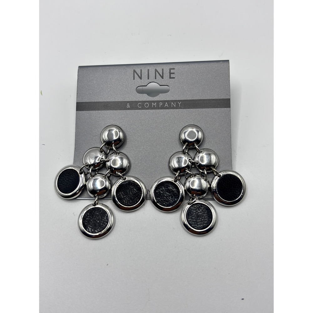 Nine & Company Silver Tone Black‎ Textured Disc Tiered Drop Statement Earrings